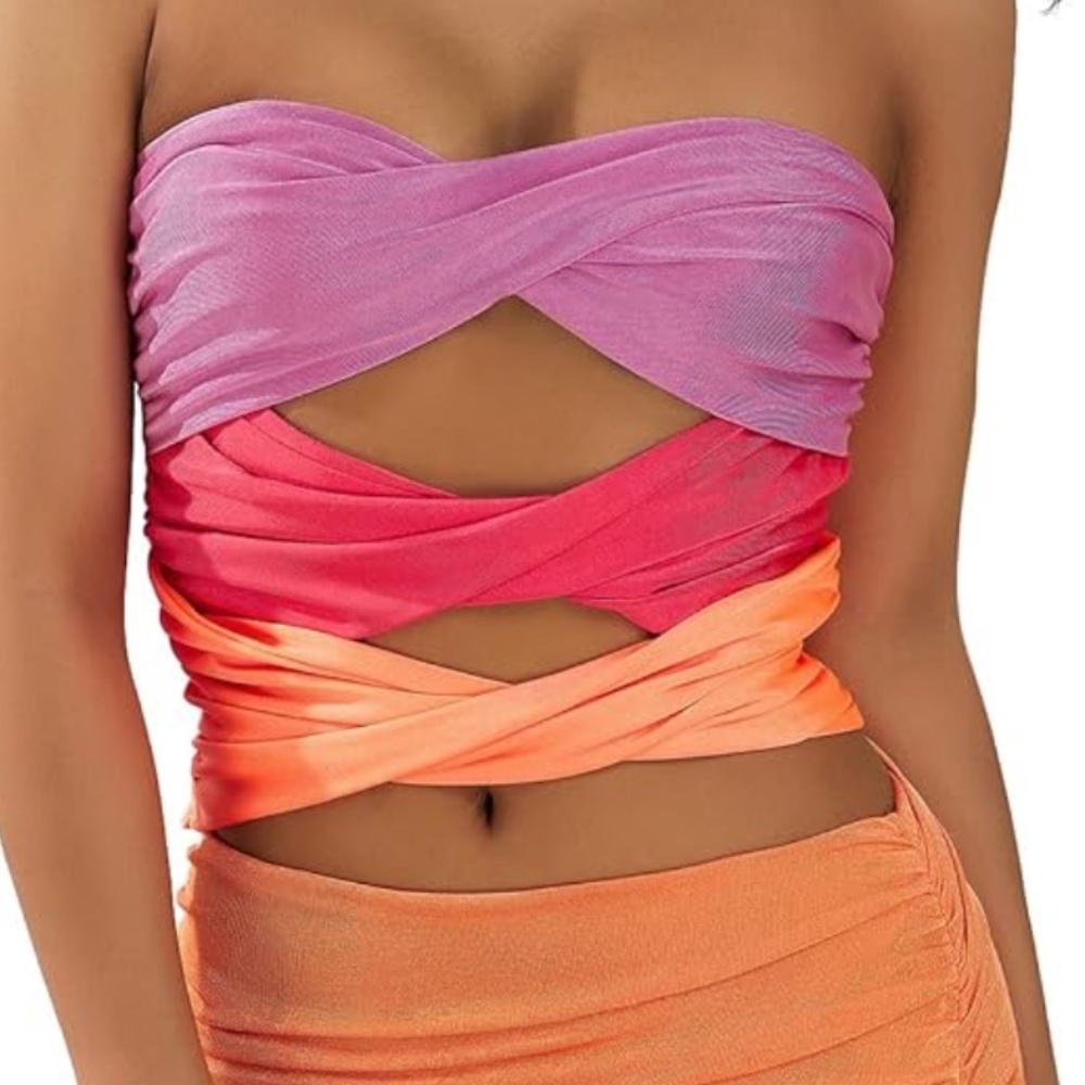 Micas Contrast Twisted Front Tube crop Top pink orange coral L NWT